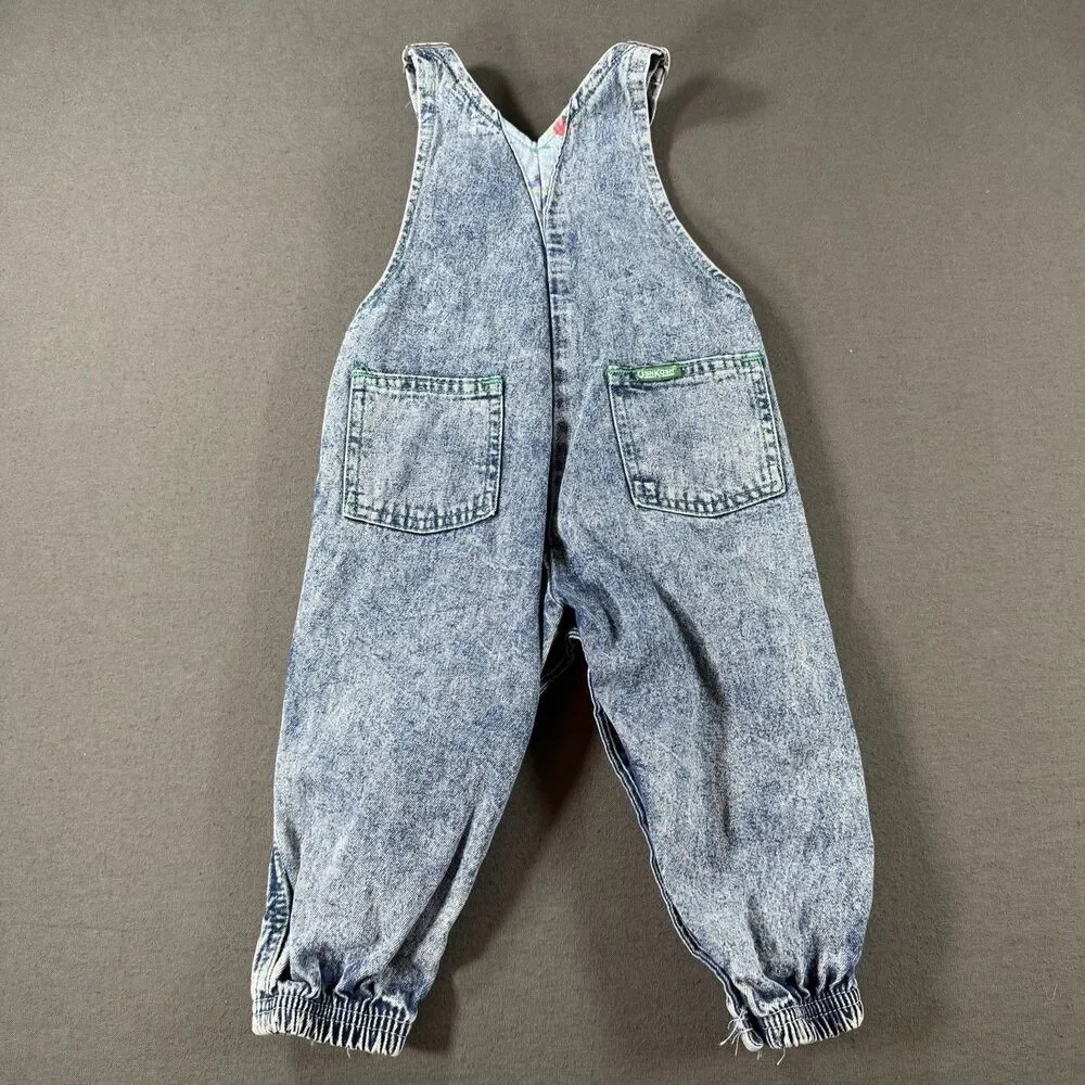 Vintage OshKosh B'Gosh Denim Overalls Sz 18 Months USA Made Acid Wash 3D Bugs